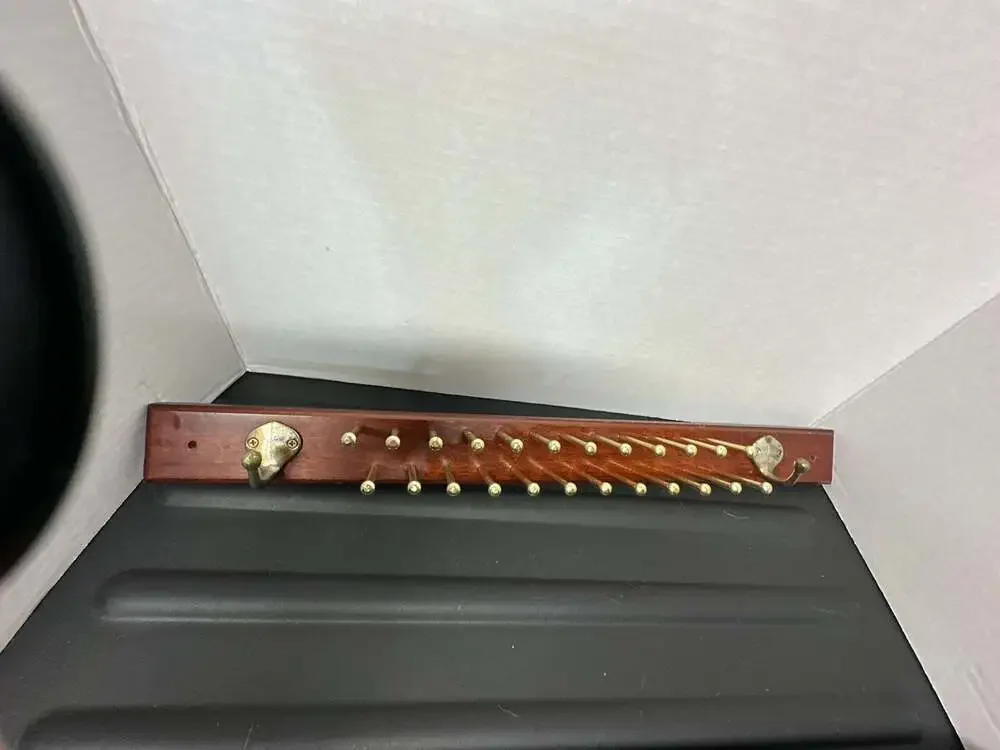 Vintage Wall-Mounted Wooden Tie and Belt Rack Organizer with Brass Hooks